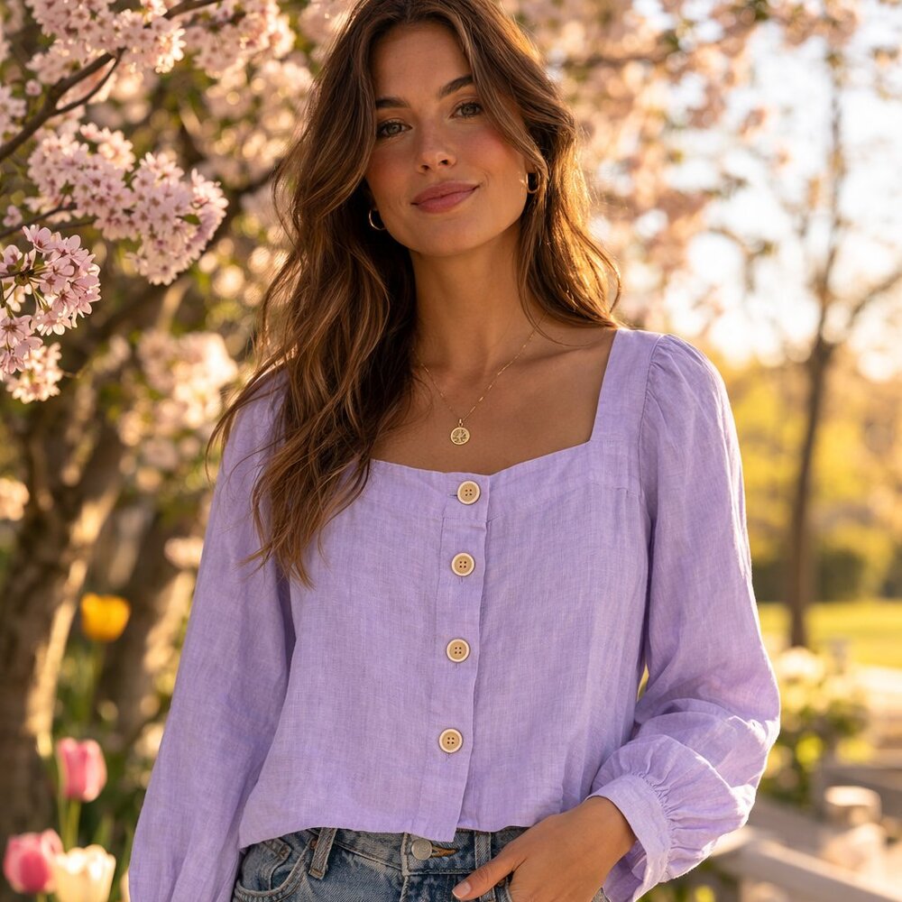 J. Crew Lavender Square-Neck Button Front Blouse